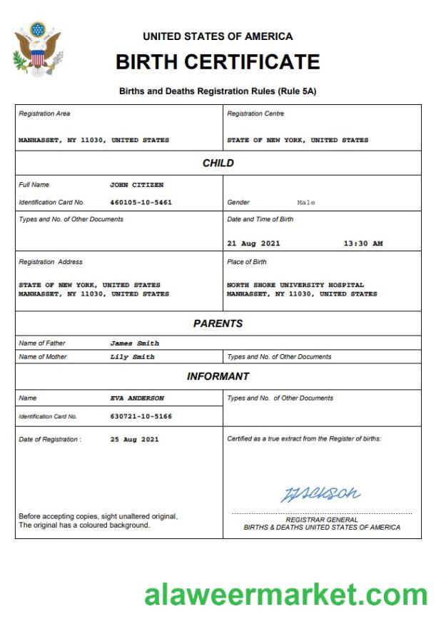 USA birth certificate Word and PDF template